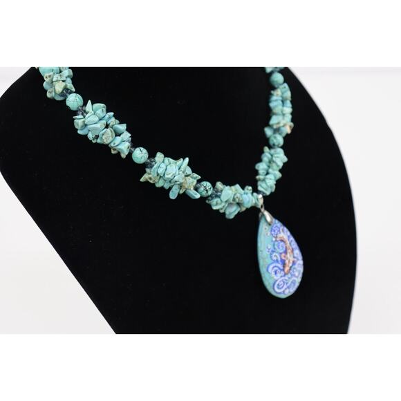Turquoise Necklace with Hand Painted Koi Fish-Art to Wear-Beachy Coastal-Artsy - Picture 6 of 9